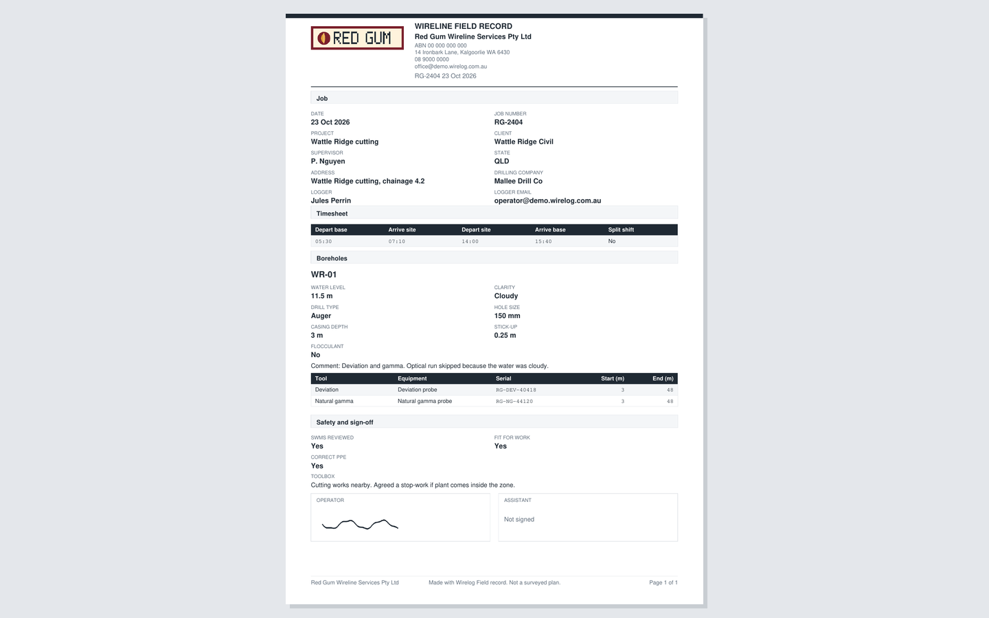 Job record on a desktop, with PDF export